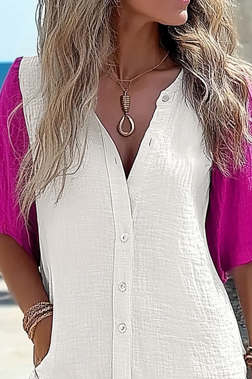 Casual Daily Top Colorblock Lapel Button-Up with Pockets Shirt