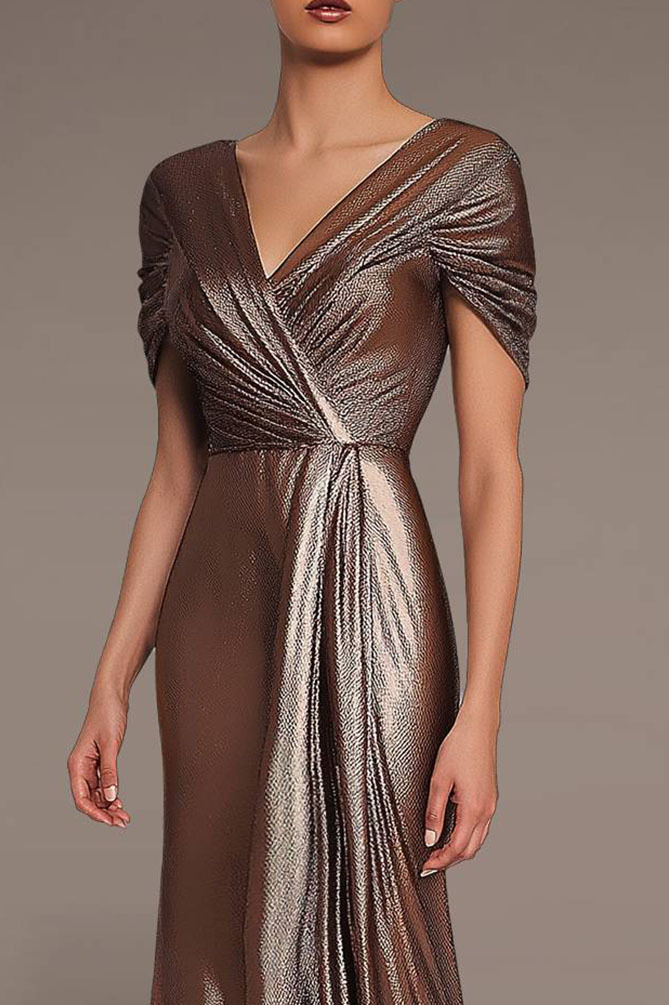 Evening Party Metallic Dress Elastic Pleated Design V-neck Maxi Dress