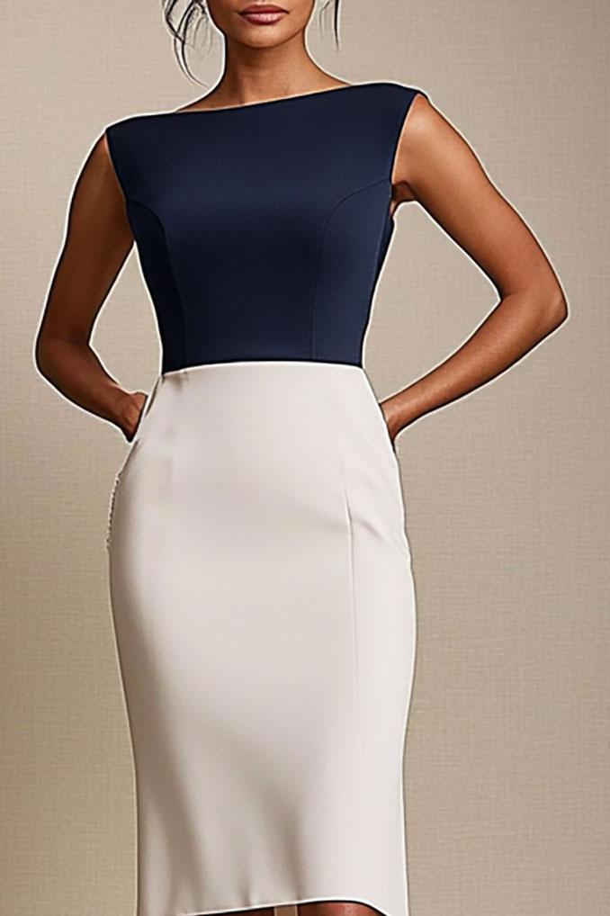 Stylish sleeveless work dress navy and white