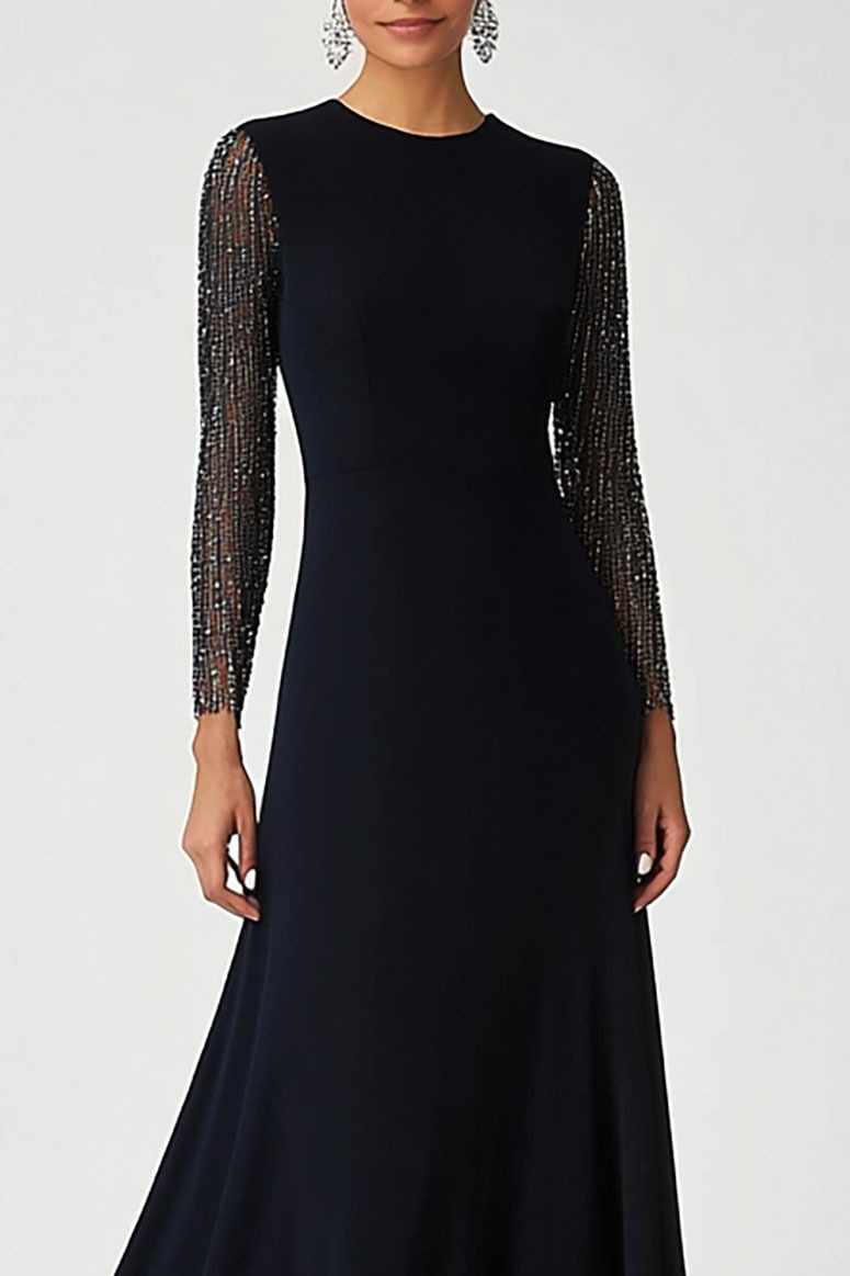 Elegant Evening Black Dress Shiny Long Sleeve Maxi Dress