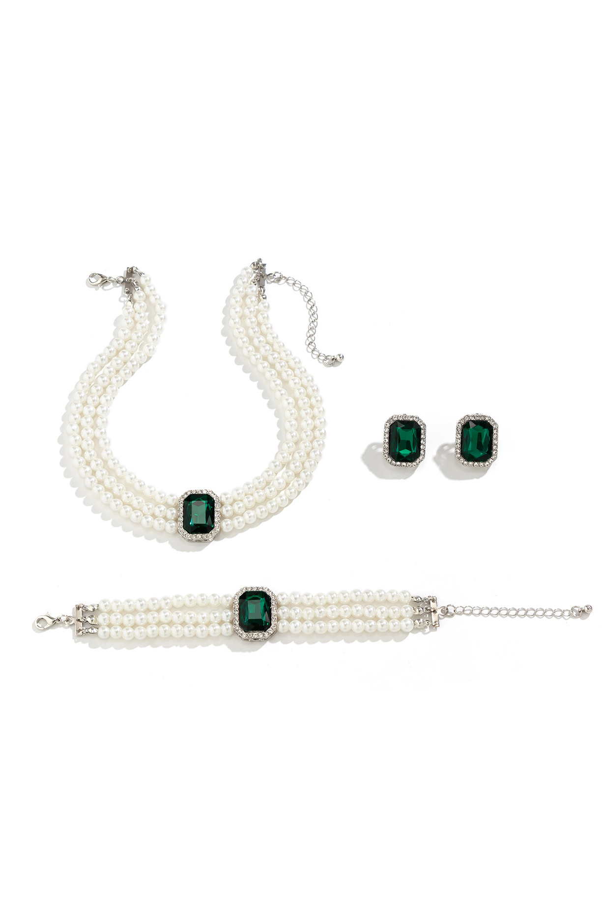 Short Three Layer Pearl Choker Necklace Turquoise Ring Bracelet Set