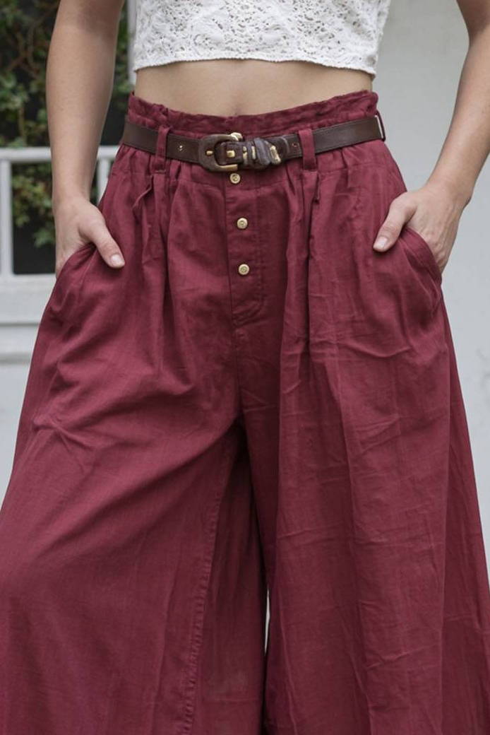 Casual Daily Pants Burgundy Loose-Fit Pocketed Wide-Leg Pants
