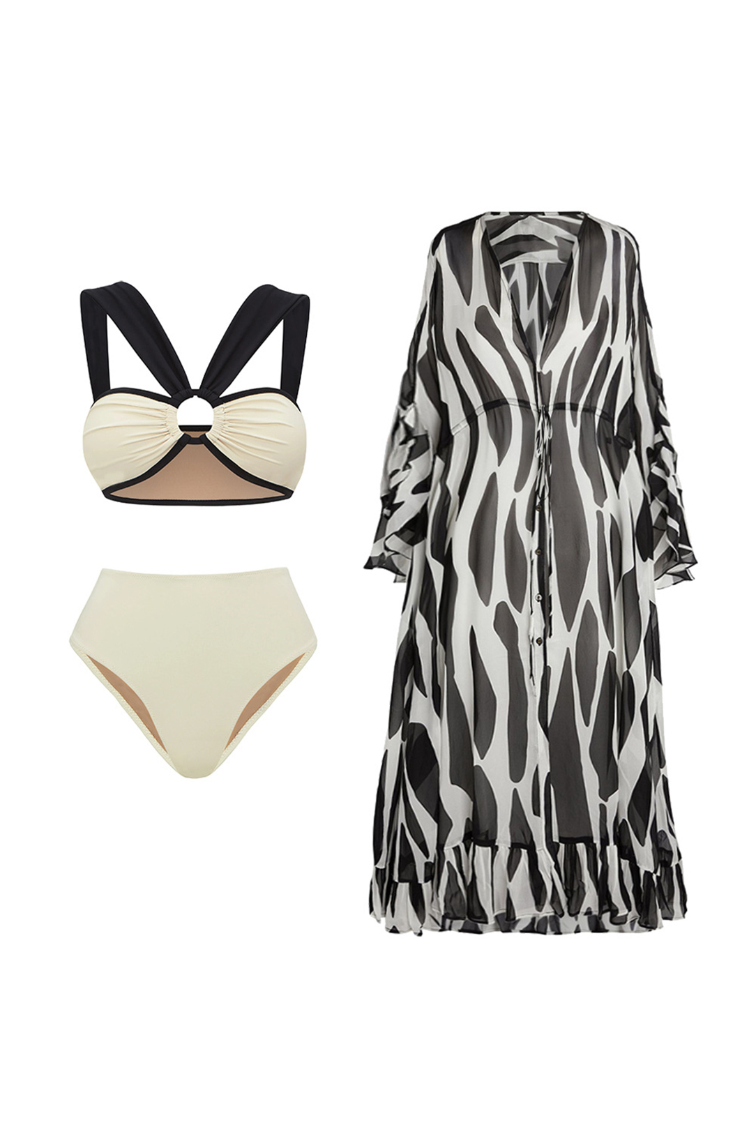 3D Black and White Houndstooth V-Neck One Piece Swimsuit and Wrap Skirt Cover-Up