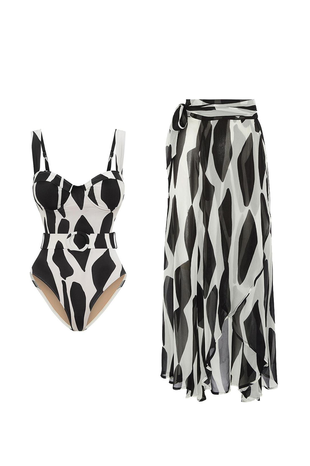 3D Black and White Houndstooth V-Neck One Piece Swimsuit and Wrap Skirt Cover-Up