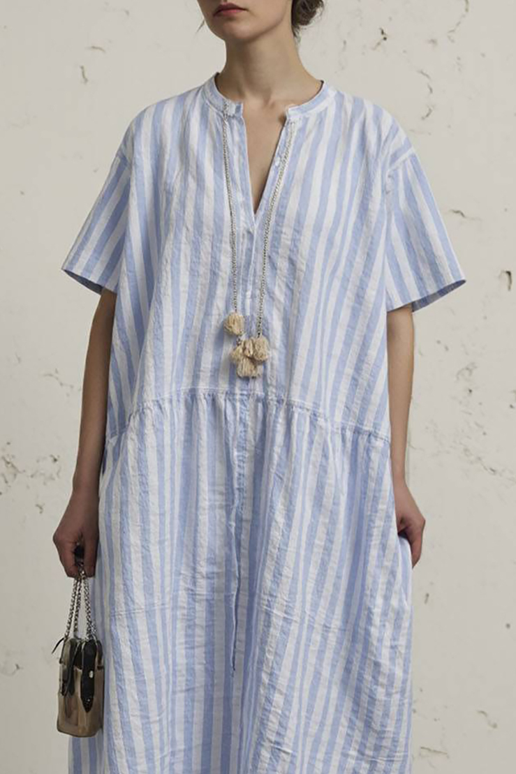 Vacation Casual Dress Blue and White Striped V-Neck Loose Midi Dress