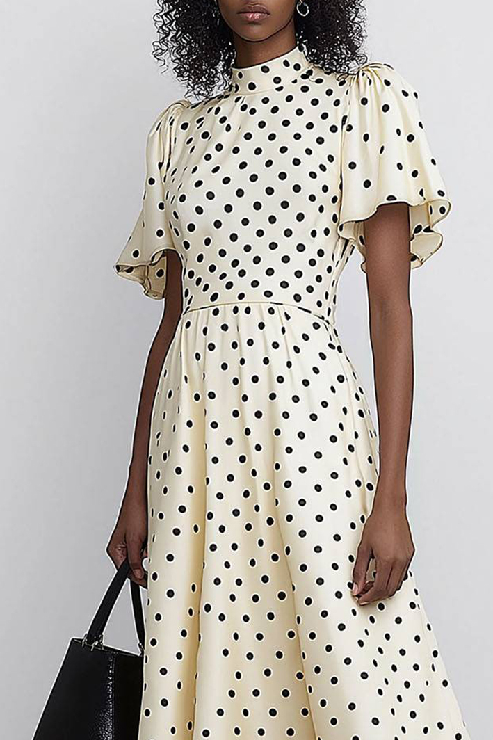 Daily Polka Dot Dress Lotus Leaf Sleeves Midi Neck Collar Maxi Dress