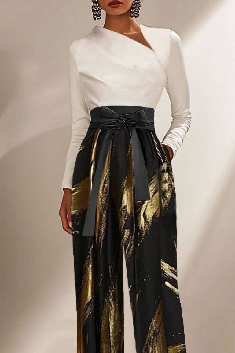 Evening Contrast Jumpsuit Black Gold Metallic Bow Belt Jumpsuit