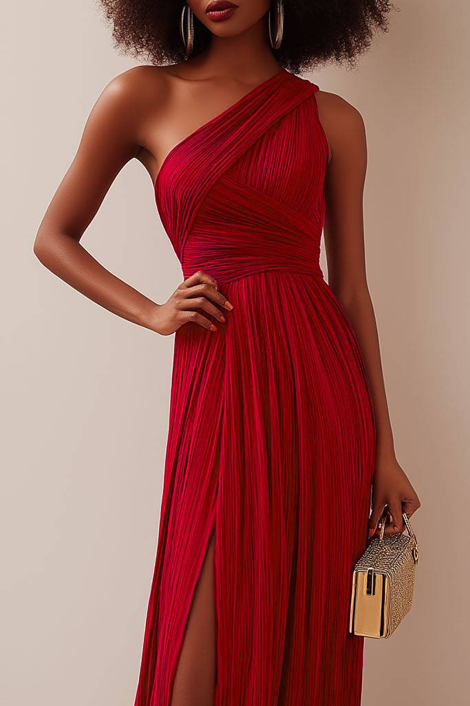 Cocktail Dance Dress Pleated Sleeveless One Shoulder High Slit Maxi Dress