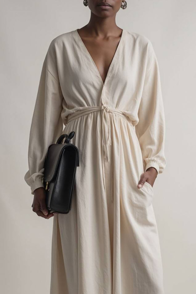 Vacation Casual Dress Linen Ivory Deep V Long Sleeve Pocketed Maxi Dress