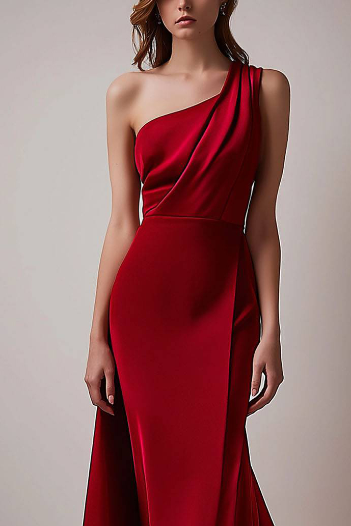 Evening Vintage Satin Dress One Shoulder Asymmetrical with Train Maxi Dress