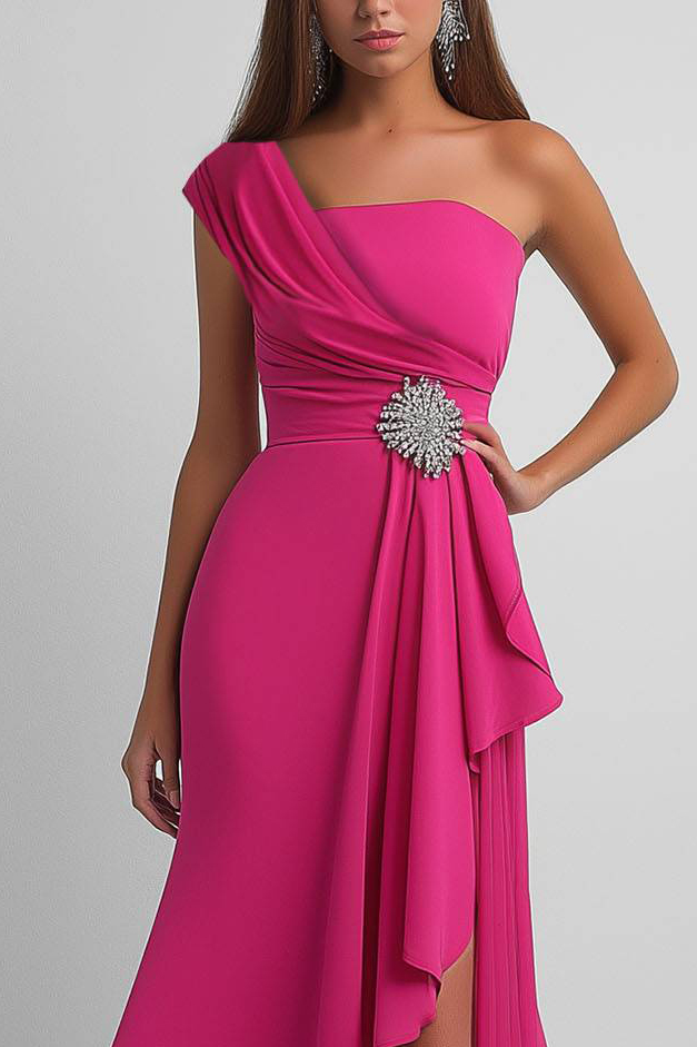 Cocktail Dress One Shoulder Pleated Rhinestone Decoration High Slit Midi Dress