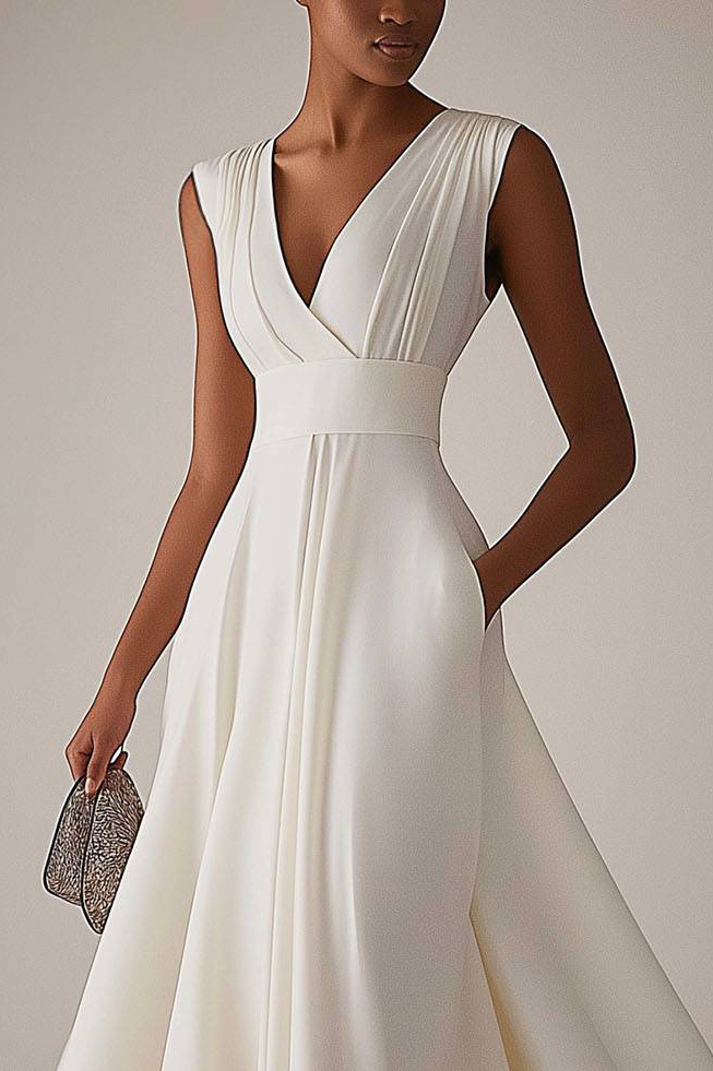 Evening Elegant Dress Sleeveless Deep V Neck Pleated Design Ball Gown Maxi Dress