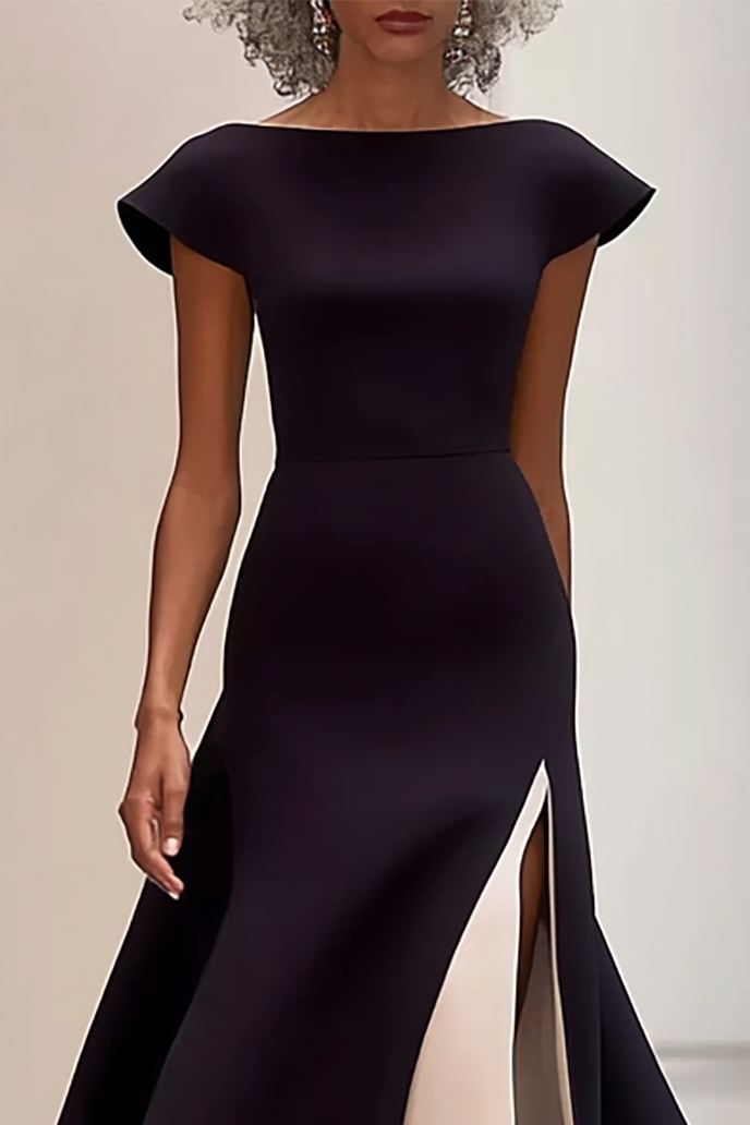 Elegant Slit Dress Cap Sleeve Black Pink Color Block Maxi Dress