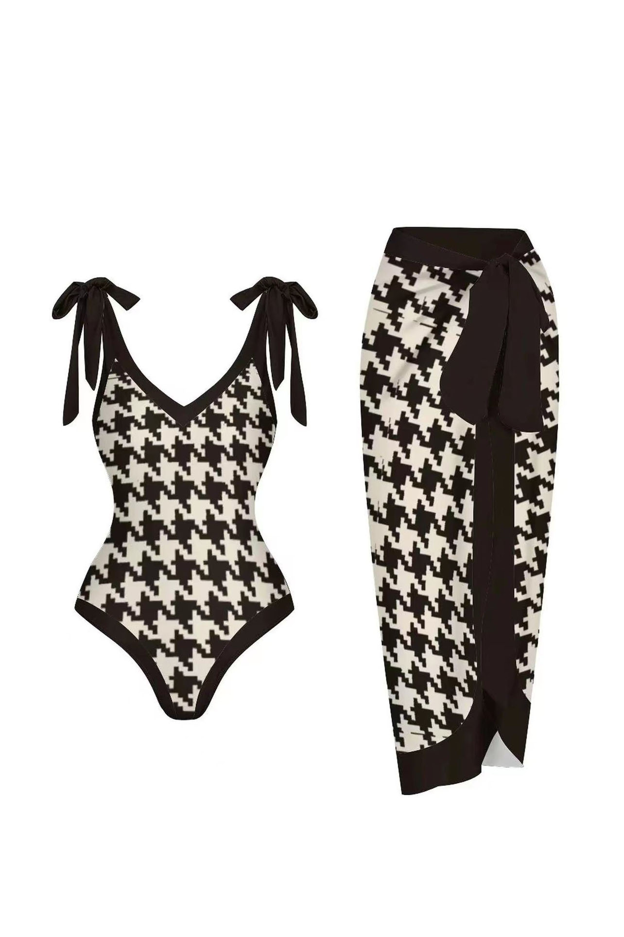 3D Black and White Houndstooth V-Neck One Piece Swimsuit and Wrap Skirt Cover-Up