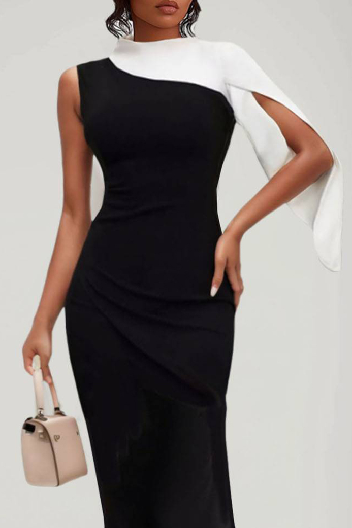 Evening Design Dress Color-Block One-Shoulder Slit Sleeve Waist Pleated Maxi Dress-chiclody