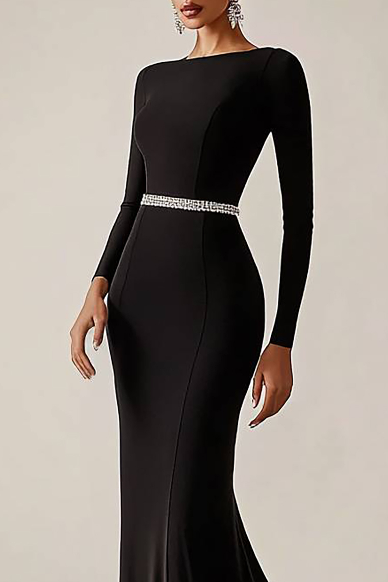 Party Formal Dress Conservative Long Sleeve Diamond Belt Slim Maxi Dress