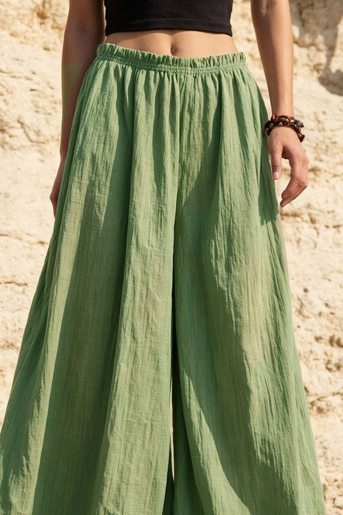Bohemian Casual Pants Green Elastic Waist Wide-Leg Pants