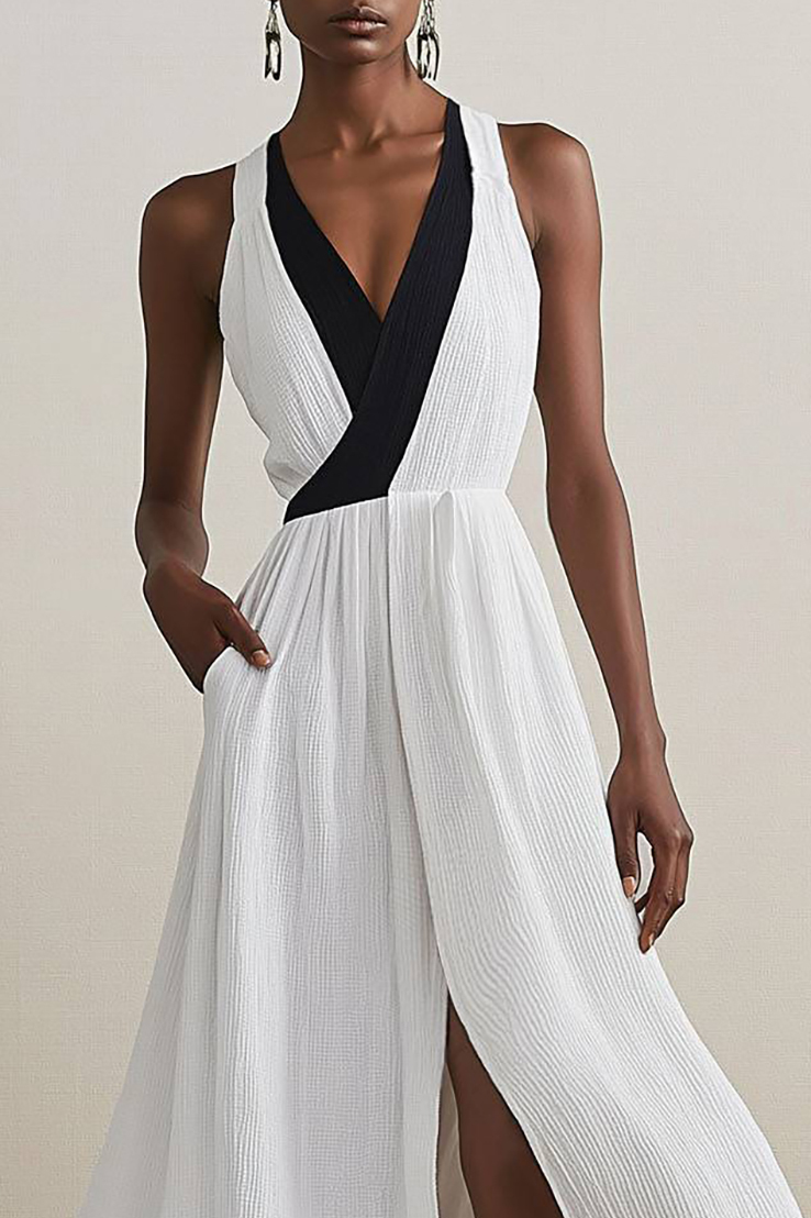 Bohemian Casual Dress Colorblock Sleeveless Linen with Pockets Slit Maxi Dress