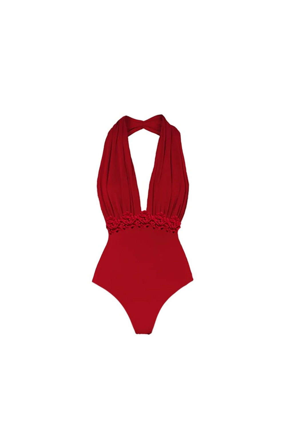 Solid Color V-Neck Halter Neck Drawstring One-Piece Swimsuit and Cover-Up