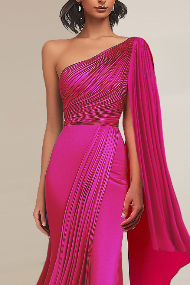 Party Pleated Dress Rose Red One Shoulder Draped Sleeve Slim Maxi Dress