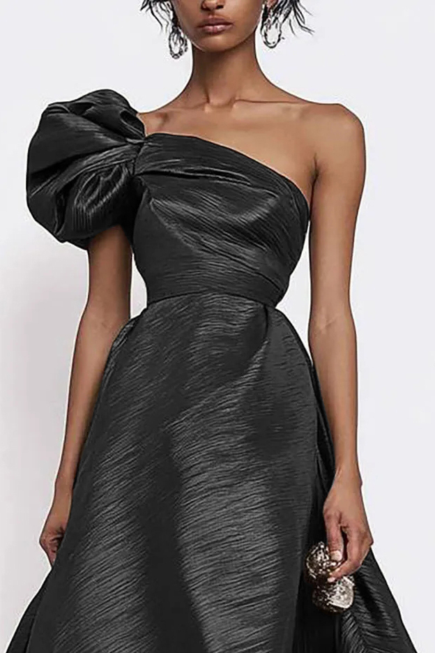 Elegant Prom One-Shoulder Dress Bow Accent Black Midi Dress-chiclody