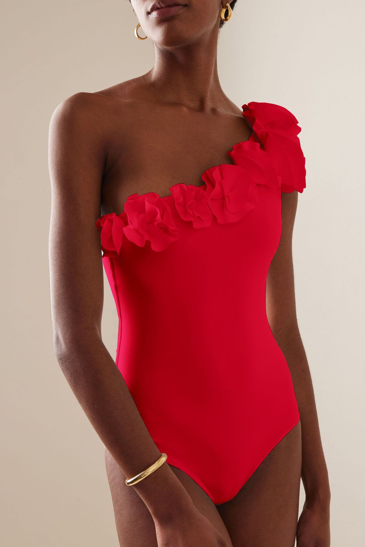 3D Red Floral One Shoulder Swimsuit and Cover-Up