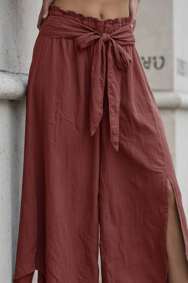 Casual Linen Pants Light Burgundy Elastic Waist Drawstring Slit Wide-Leg Pants
