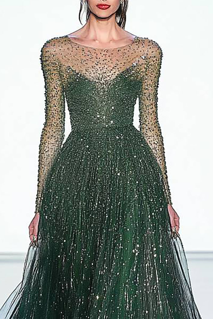 Evening Sequined Mesh Dress Rhinestone Long Sleeve Maxi Dress