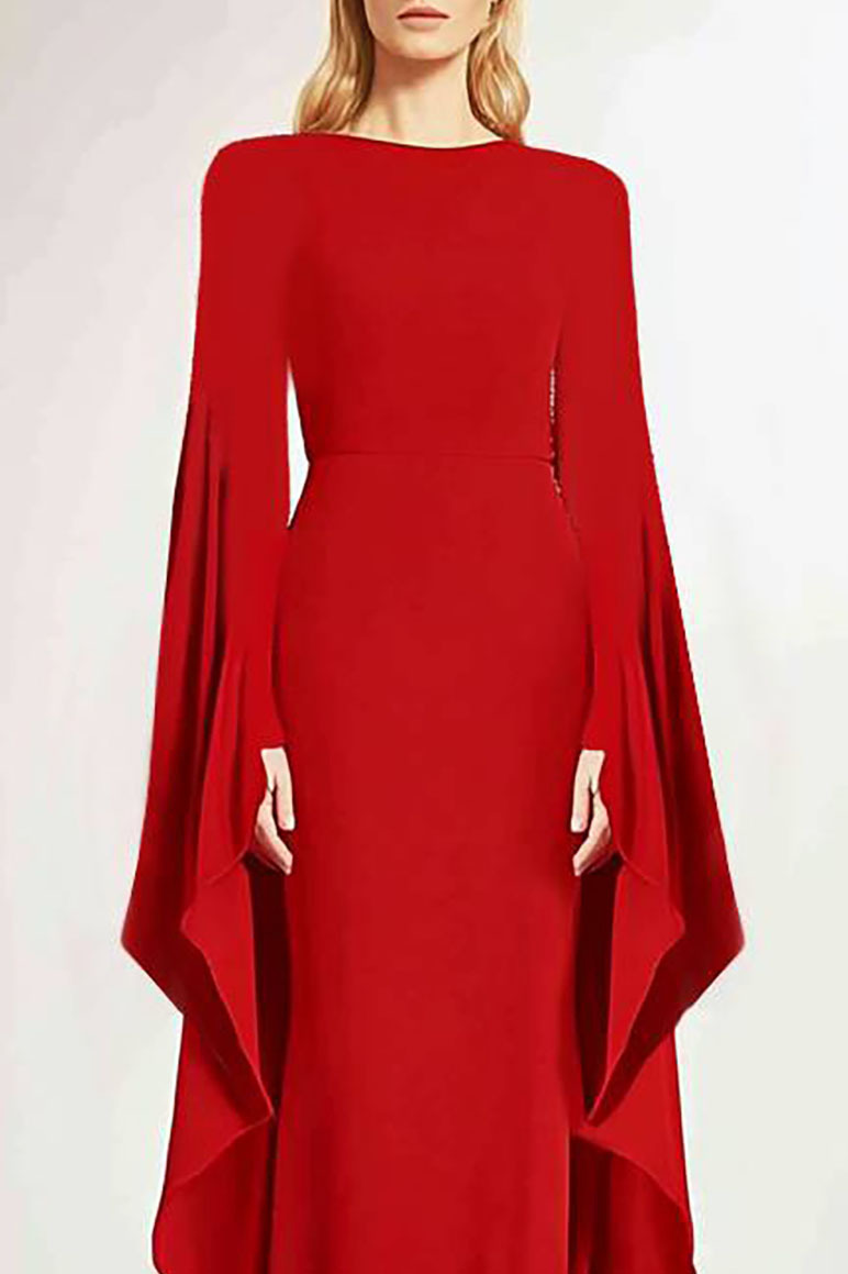 Evening Red Dress Draped Long Sleeve Floor-Length Dress
