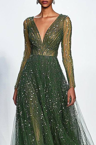 Party Evening Mesh Dress Sequin Deep V-neck Hand-Drilled Long Dress