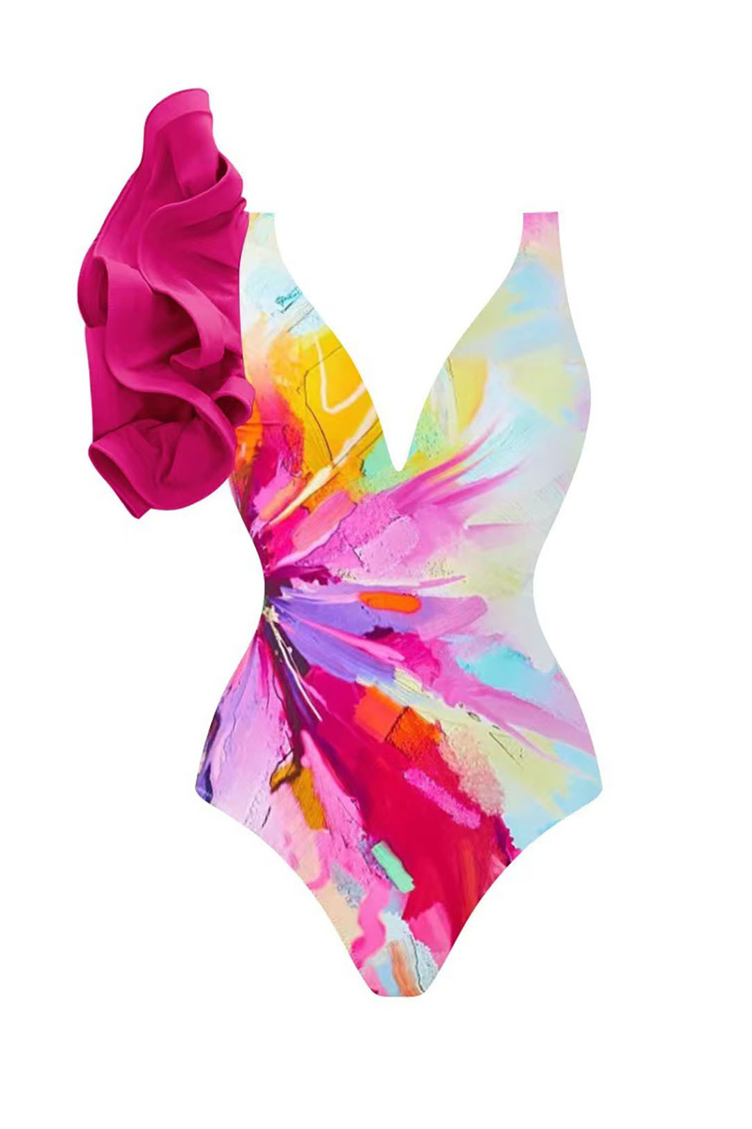 3D Red Petal Sleeve Colorful V-Neck One-Piece Swimsuit and Cover-Up