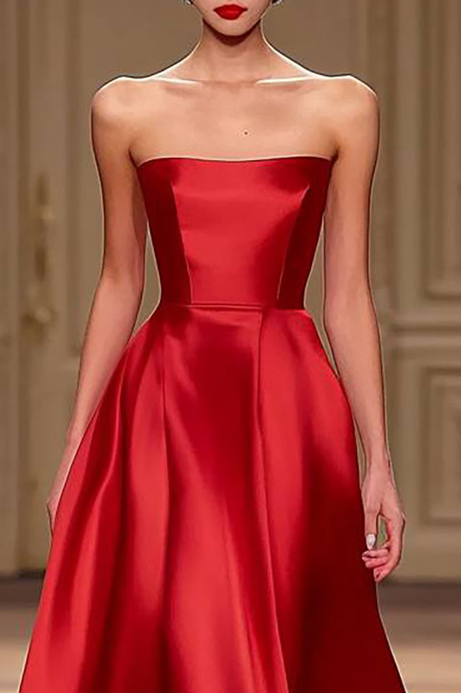 Evening Formal Red Dress Tube Top Satin Ball Gown Long Dress