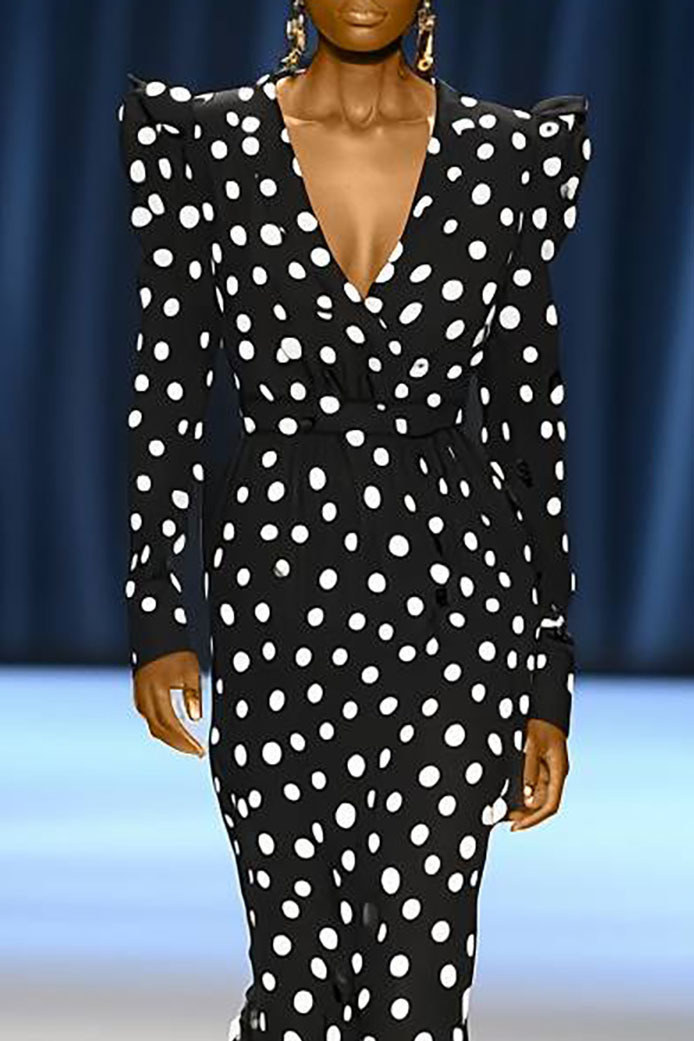 Party Dance Polka Dot Dress Deep V Long Sleeve Padded Shoulder Midi Dress