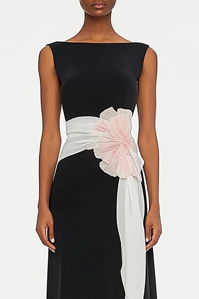 Daily Solid Color Dress Sleeveless 3D Large Flower Waist Decoration Midi Dress