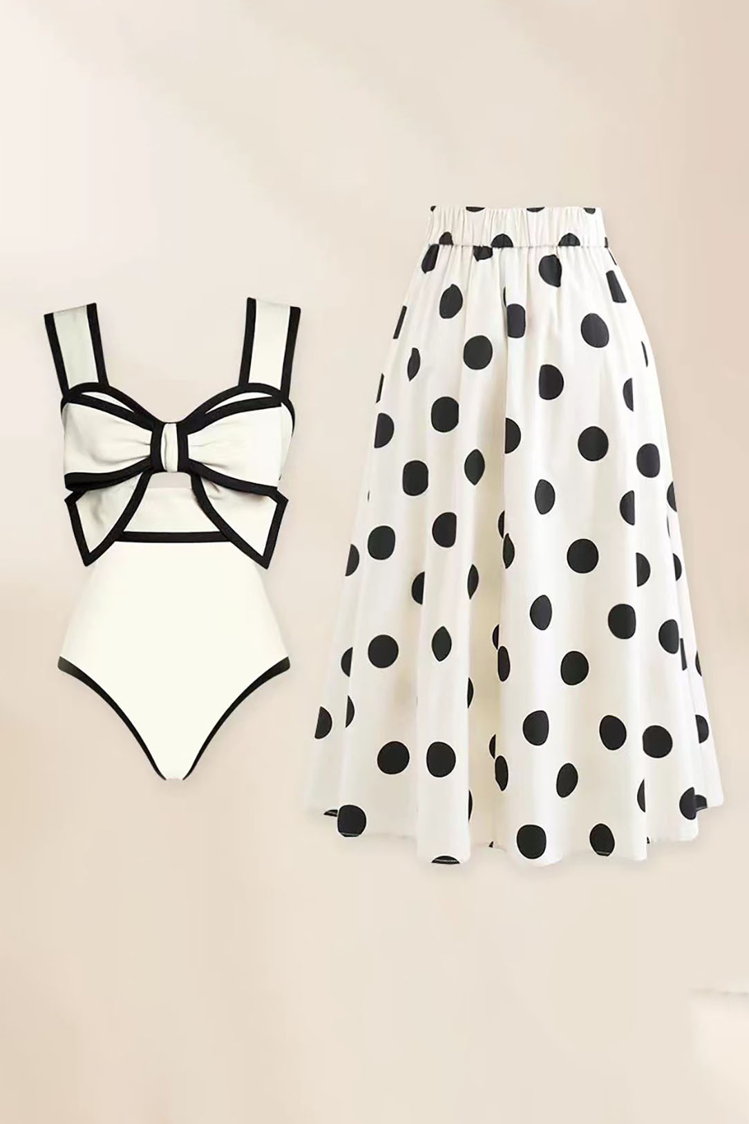 3D Black and White Houndstooth V-Neck One Piece Swimsuit and Wrap Skirt Cover-Up