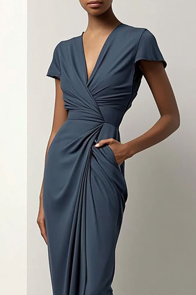 Daily Cocktail Dress V-Neck Short Sleeves, Pleated Design Midi Dress