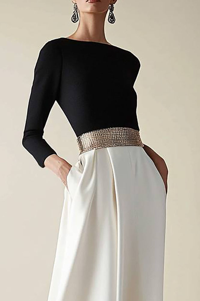 Evening Party Dress Black White Diamond Belt Long Sleeves Long Dress