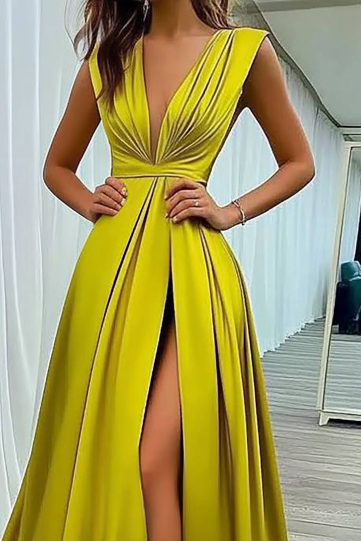 Evening Party Dress Deep V-Neck Sleeveless High Slit Maxi Dress