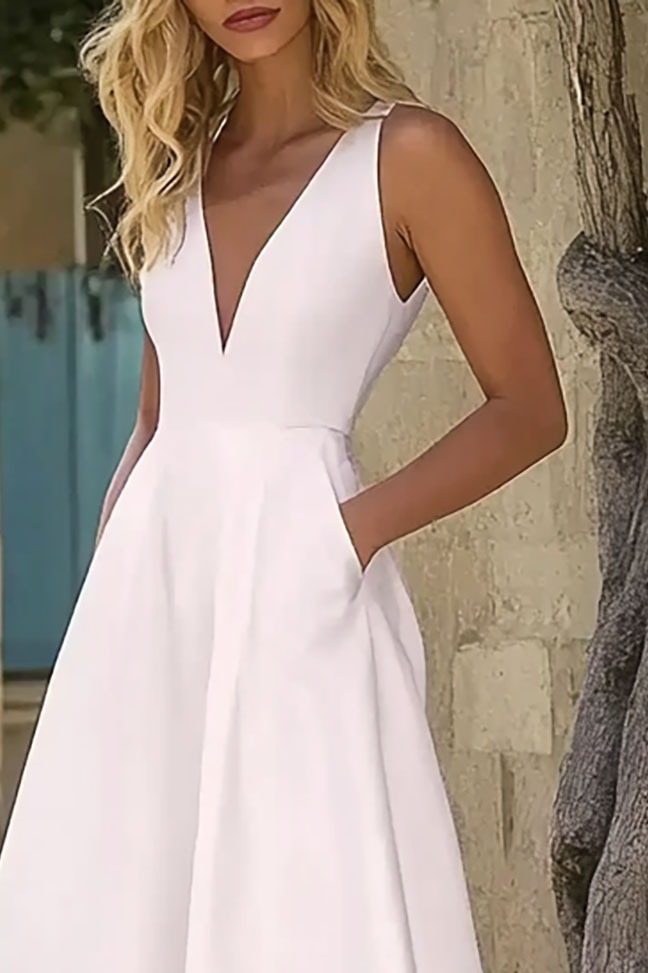 Semi-Formal Prom Dress Deep V-Neck With Pockets Sleeveless Midi Dress