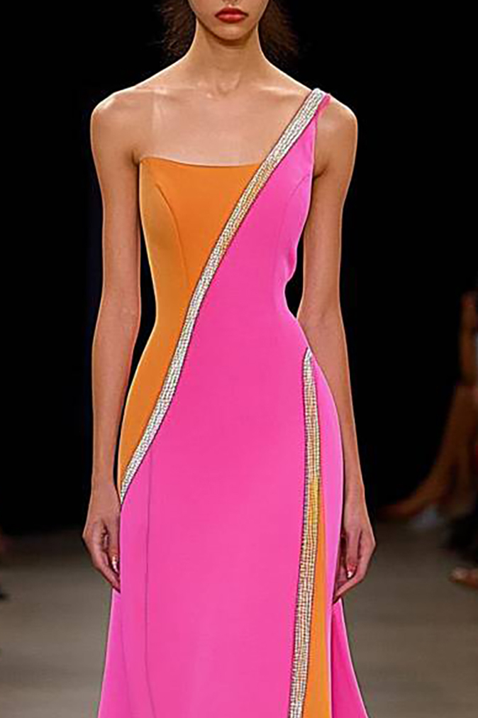 Evening Party Dress One Shoulder lines Color-Block Mermaid Maxi Dress