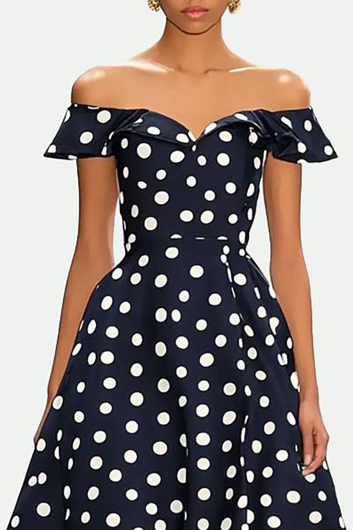 Prom Party Dress White Polka Dot Off-Shoulder Drop-Shoulder Sleeve Midi Dress