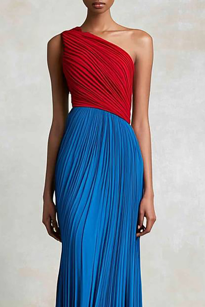 Prom Party Pleated Dress One-Shoulder Red and Blue Colorblock Maxi Dress