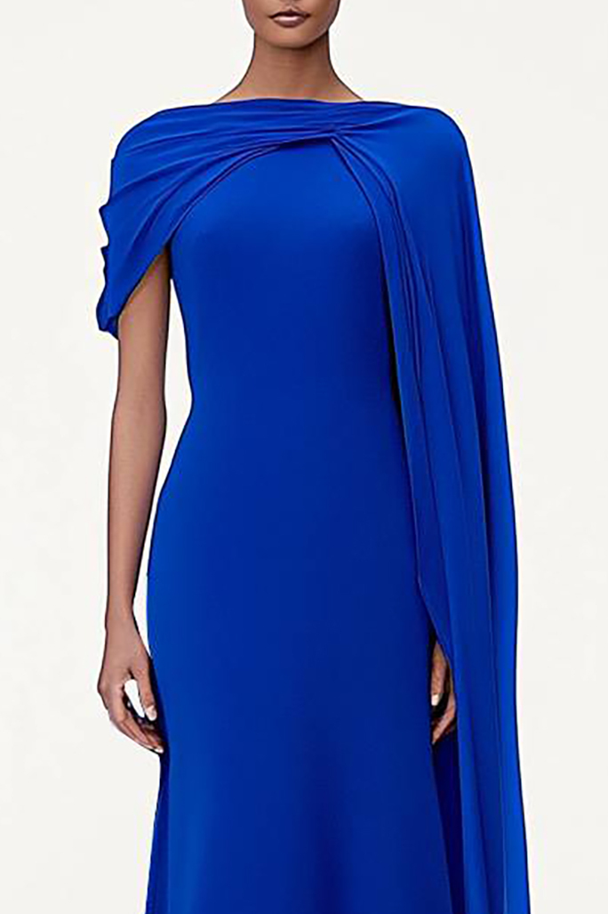 Solid Color Evening Dress Asymmetrical Cape Long Dress