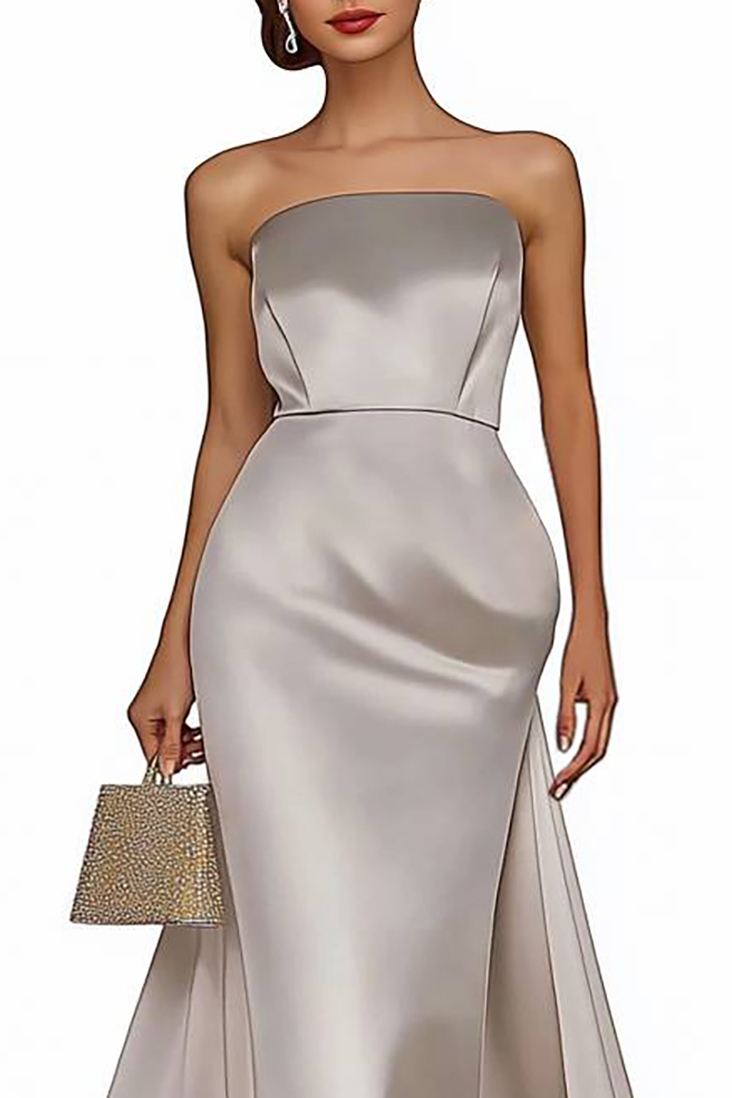 Evening Formal Dress Satin Tube Top Train Long Dress