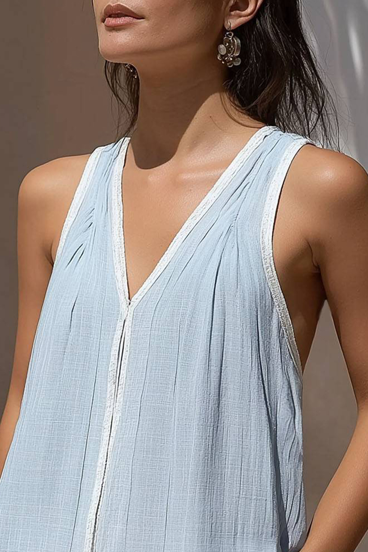 Casual Vacation Top Light Blue V-Neck Sleeveless Loose Tank