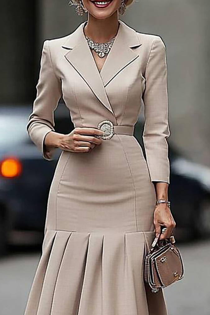 Work Business Blazer Dress Lapel Tie Belt Pleated Fishtail Midi Dress