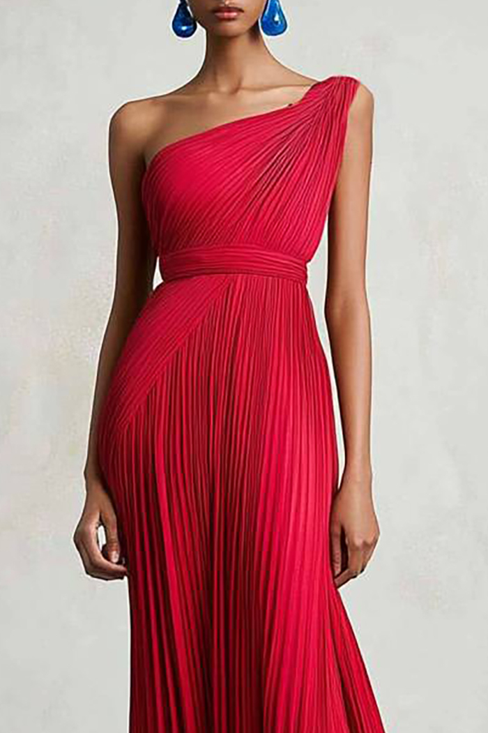Prom Party Dress Pleated One Shoulder Solid Color Maxi Dress