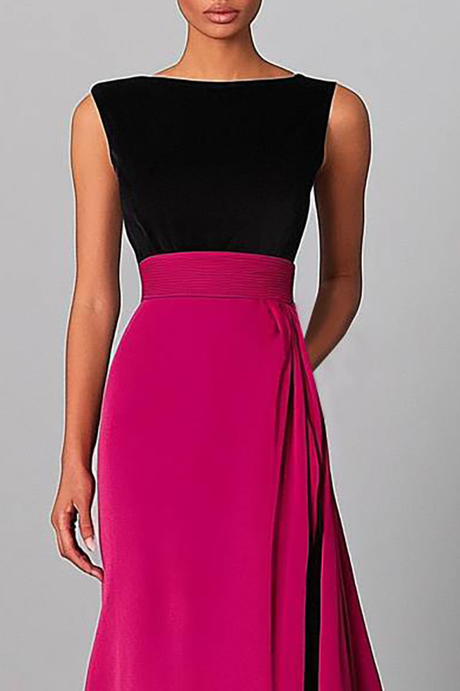 Formal Prom Colorblock Dress Sleeveless Asymmetrical Round Neck Maxi Dress