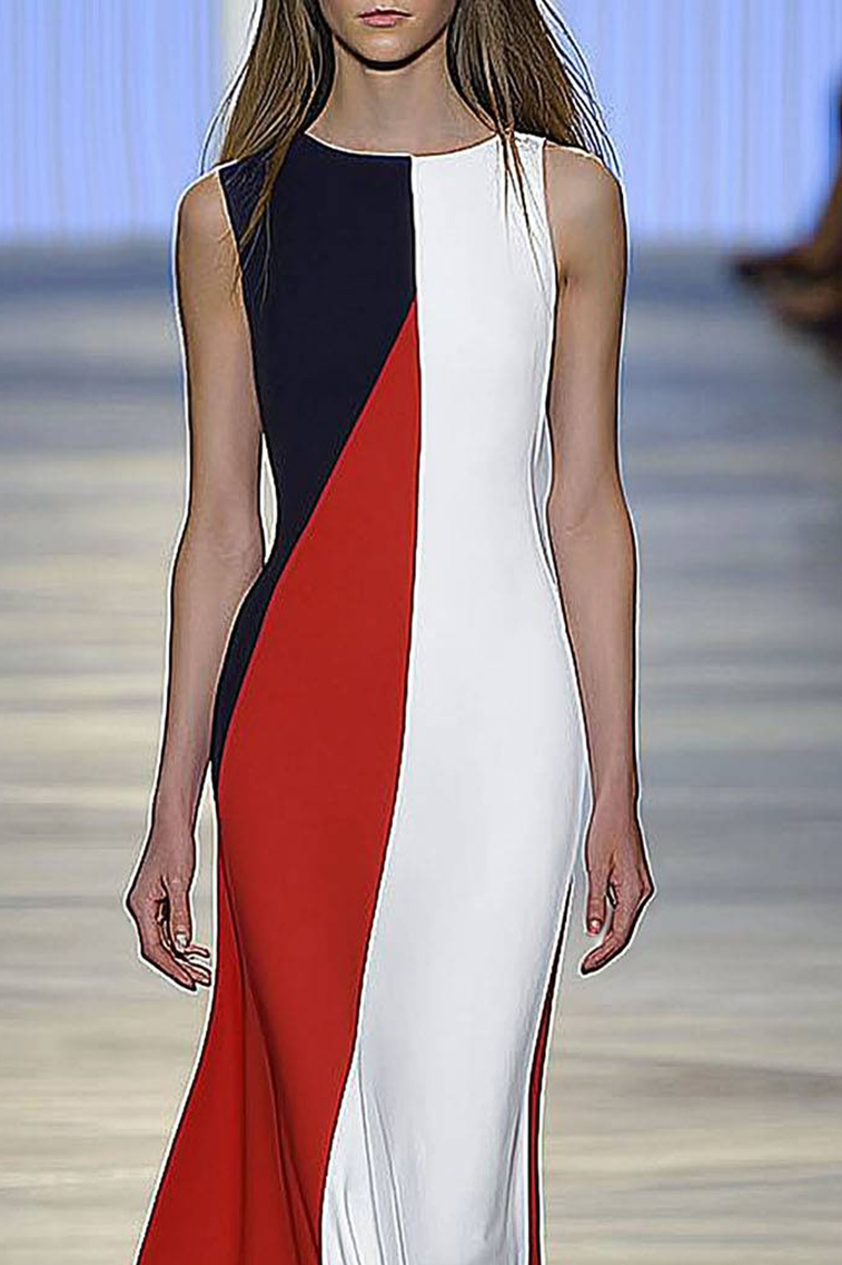 Prom Party Dress Round Neck Sleeveless Color-block Long Dress