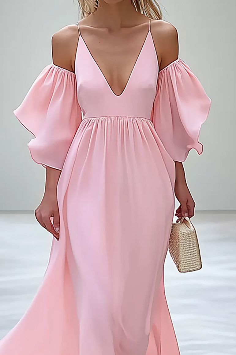 Prom Party Spaghetti Strap Dress Princess Sleeve Deep V Ruffled Long Dress